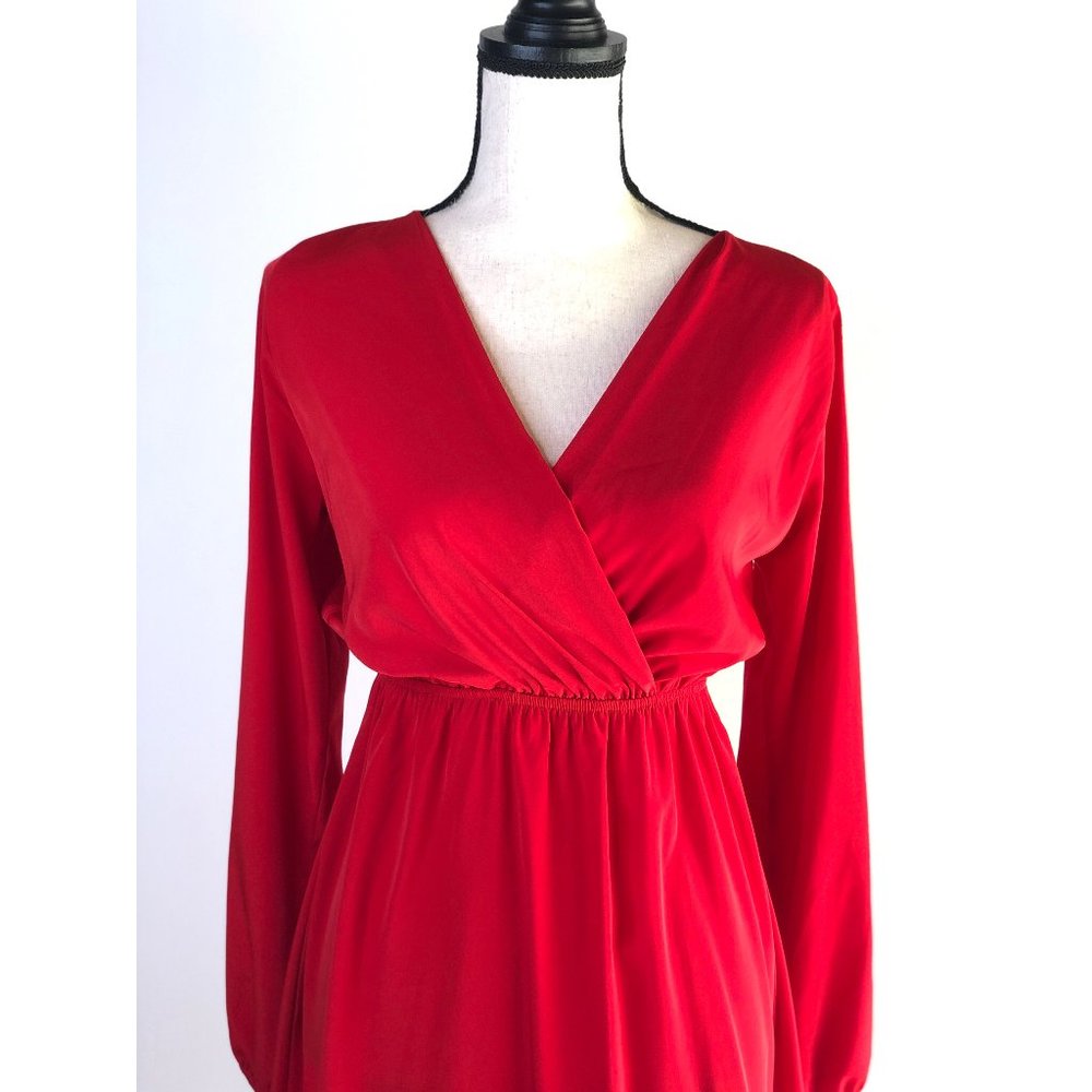 EVERLY RED LONG SLEEVE FAUX WRAP HI LOW DRESS - Picture 2 of 5